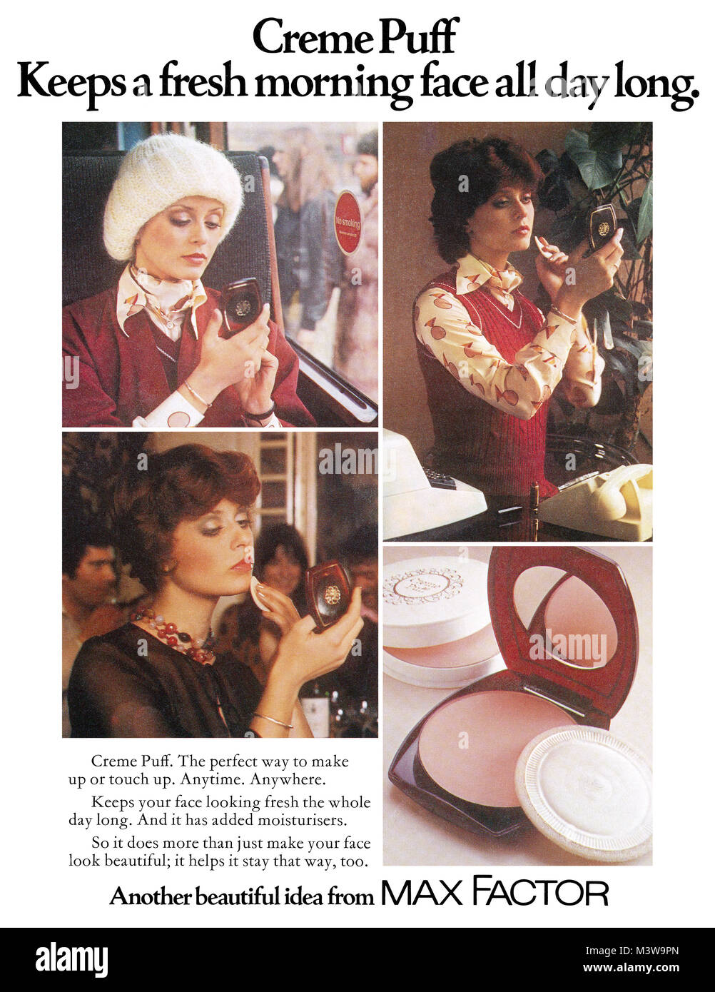 1974 British pubblicità per Max Factor Creme Puff faccia in polvere. Foto Stock