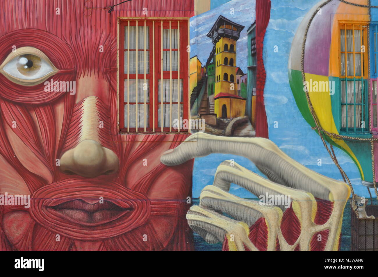 Un murale di una persona senza pelle dipinta sulla fiancata di una casa a Valparaiso, Cile Foto Stock