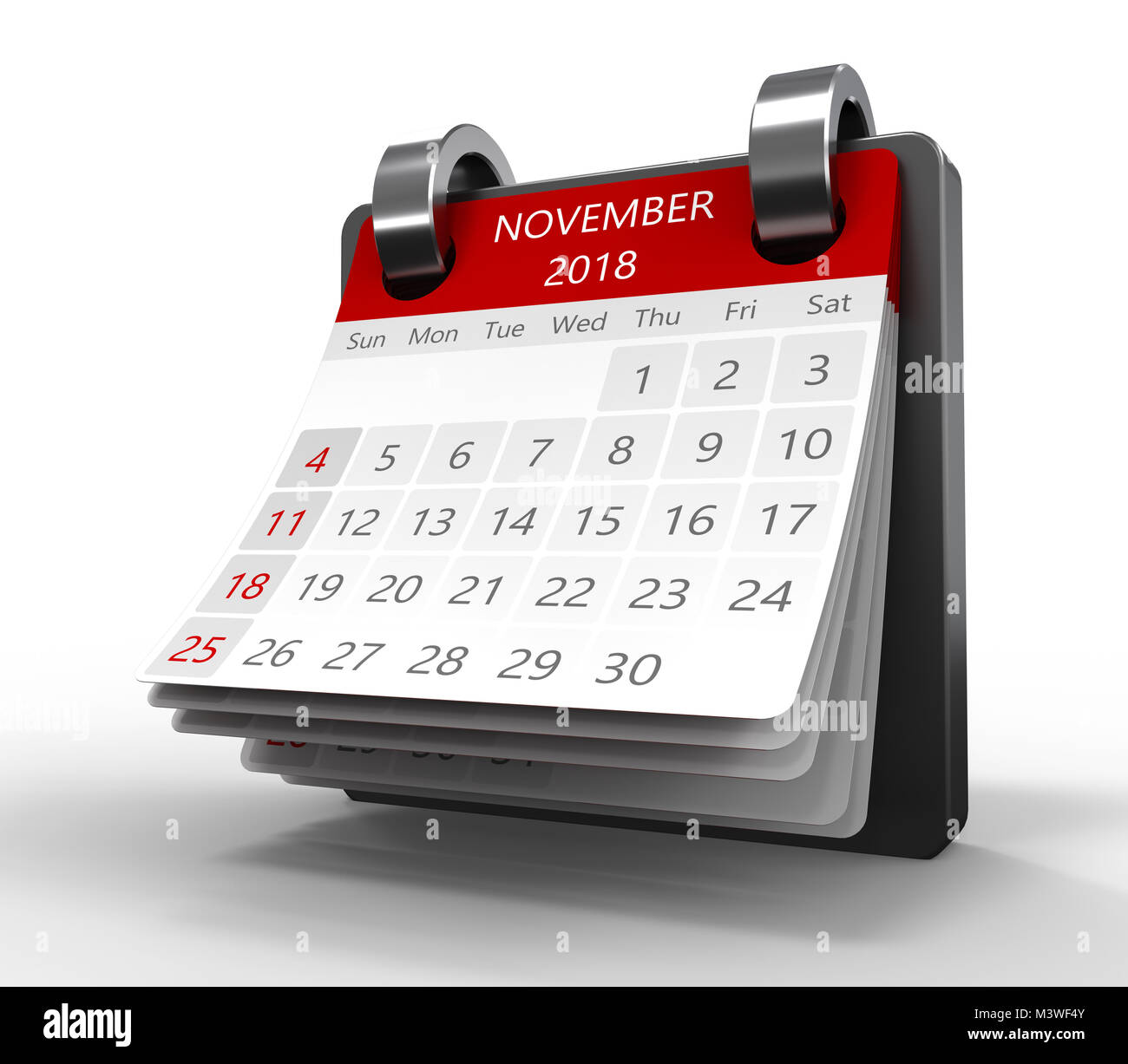 3d illustrazione di generici calendario mensile su bianco, novembre 2018 Pagina Foto Stock