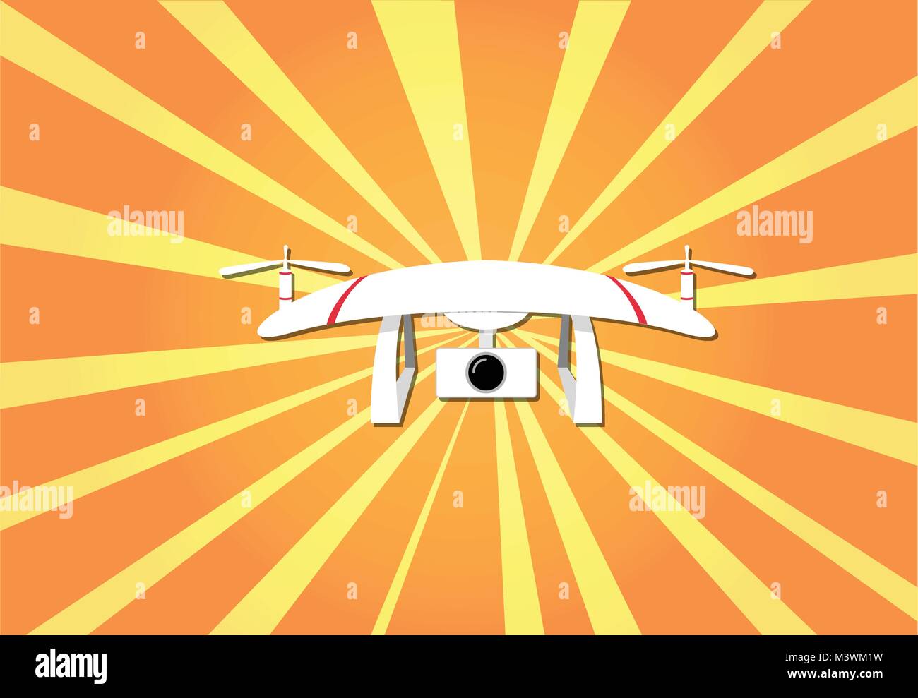 Fotocamera drone su sfondo sole, vector art design Illustrazione Vettoriale