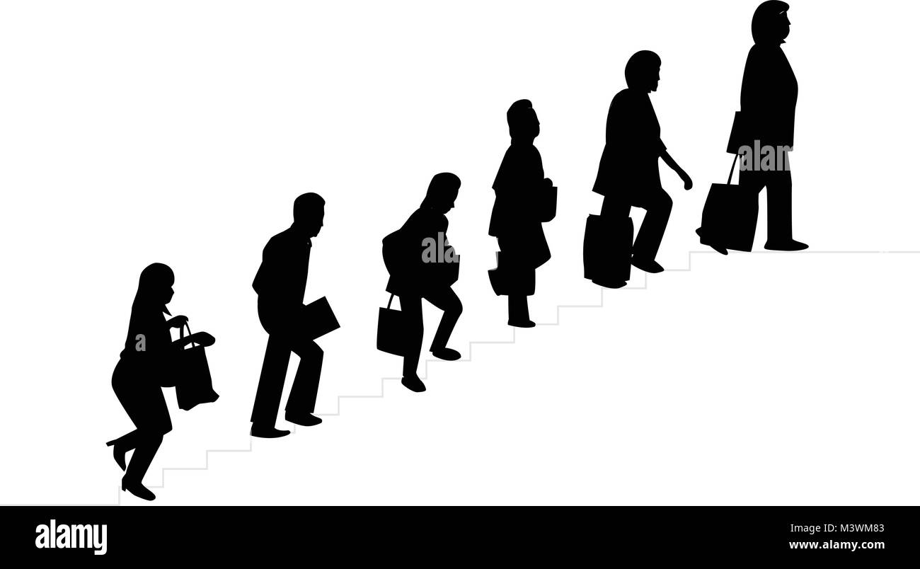 Silhouette di persone con sacco salito le scale, vettore Illustrazione Vettoriale