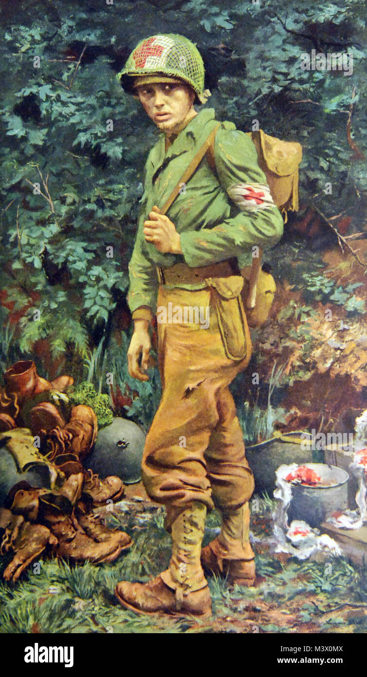 Lotto-7409-1: WWII: dipinti di esercito di medicina. "L'uomo senza una pistola" Artwork da Lawrence Beale Smith. L'immagine mostra un Medic durante una battaglia. Abbott Laboratories. La cortesia della Biblioteca del Congresso. (2018/02/02). Lotto-7409-1 28266010119 o Foto Stock