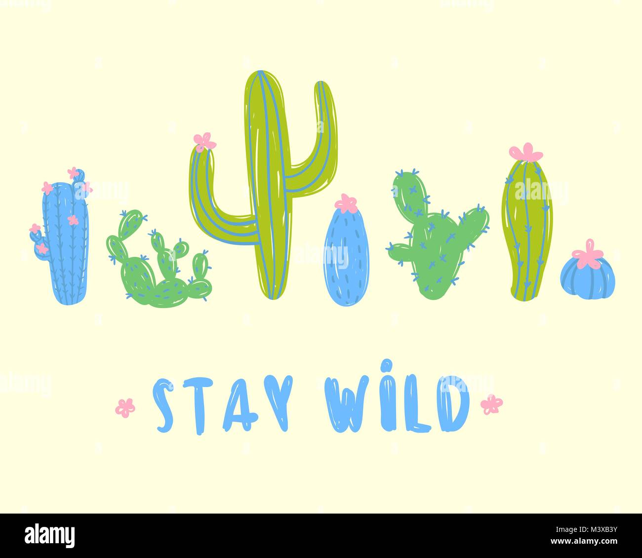 Soggiorno wild design della Postcard. Insieme di diversi cactus su sfondo giallo. Con fiore sbocciare un nd senza. La flora del deserto. Illustrazione Vettoriale Illustrazione Vettoriale