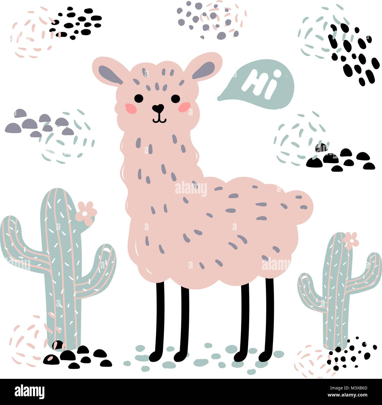 Rosa lama alpaca con Ciao testo, circondato dal deserto cactus su sfondo bianco. Wild o zoo Cartoon carino fluffy animale illustrazione vettoriale. Ciao ca Illustrazione Vettoriale