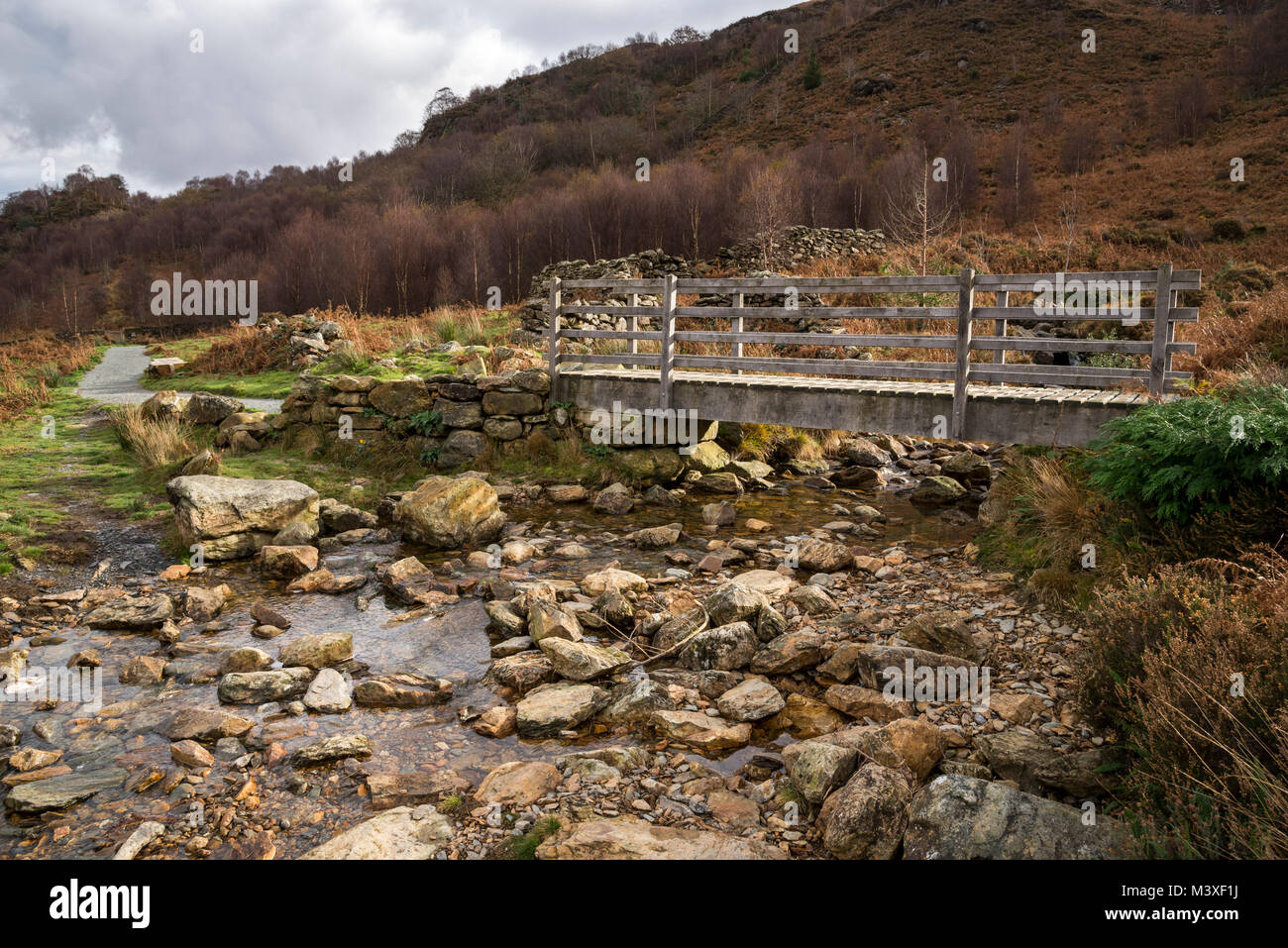 Passerella sul torrente roccioso accanto a Llyn Dinas, parco nazionale di Snowdonia, Bedggelert, il Galles del Nord. Foto Stock