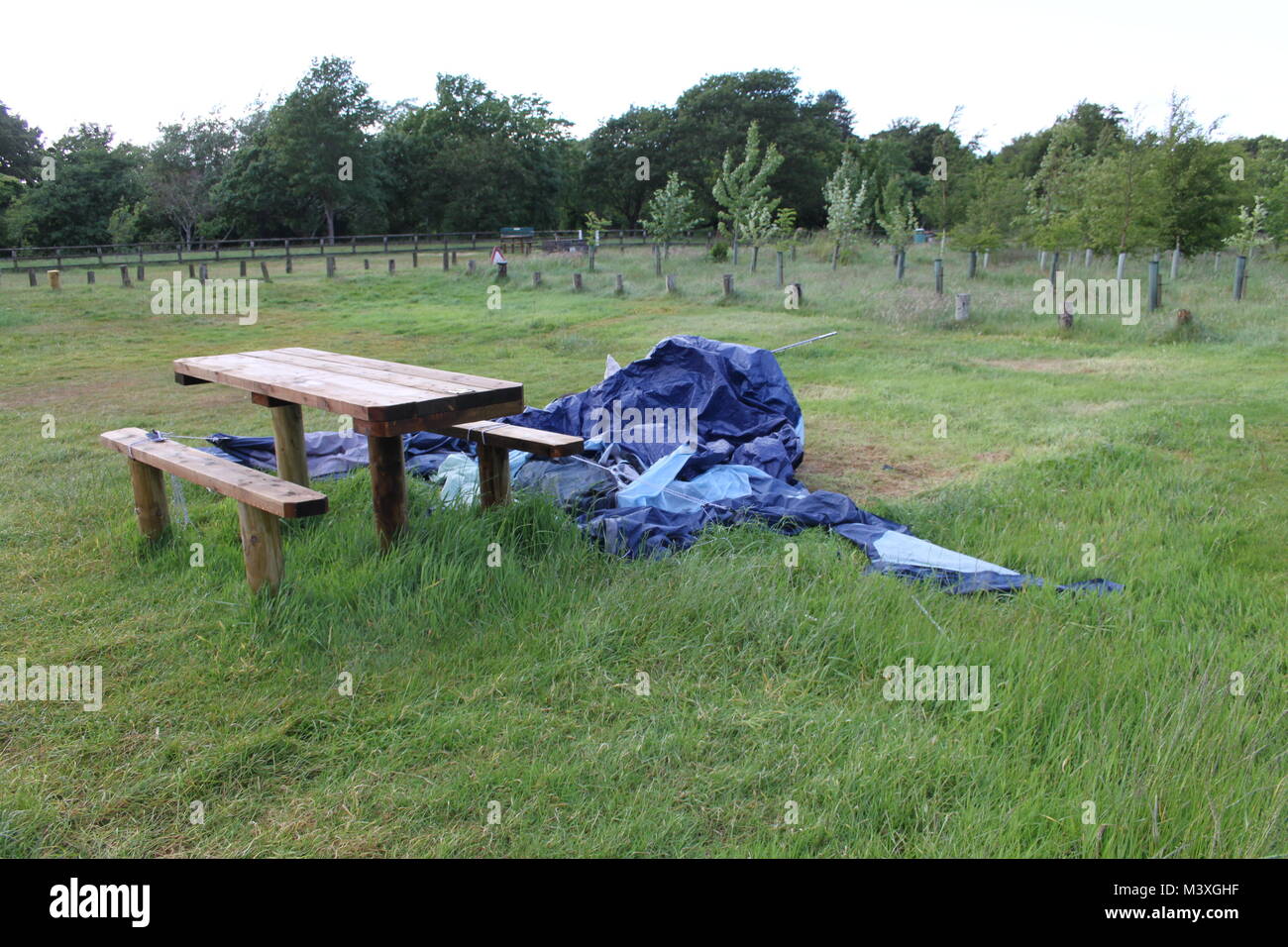 Abandonned, crollato, blu tenda, sacco a pelo e camping sedile accanto al legno un tavolo da picnic sul prato verde. Camping disater. Foto Stock