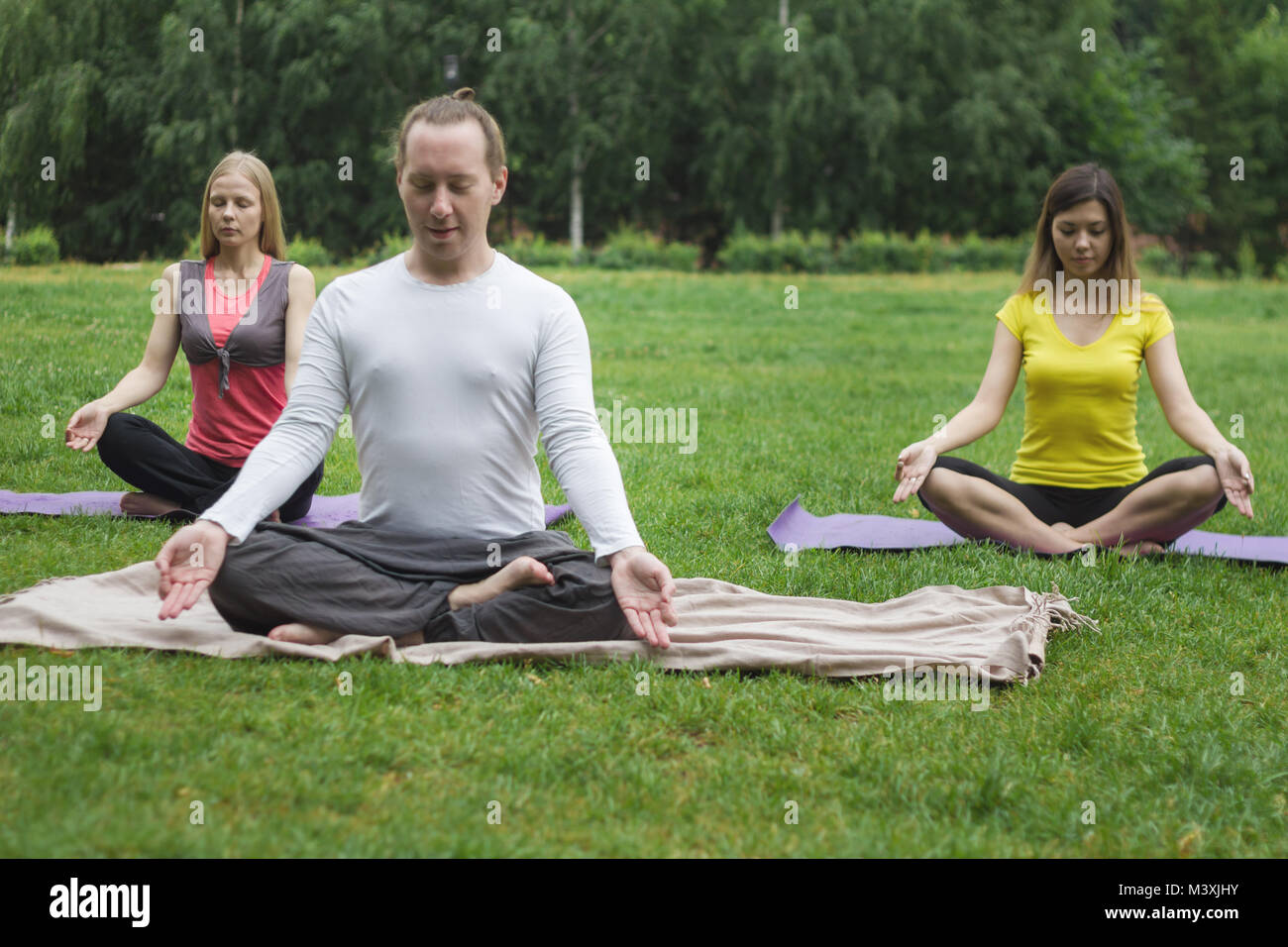 Gli atleti di Yoga nel parco - sportivi in lotus pongono Foto Stock