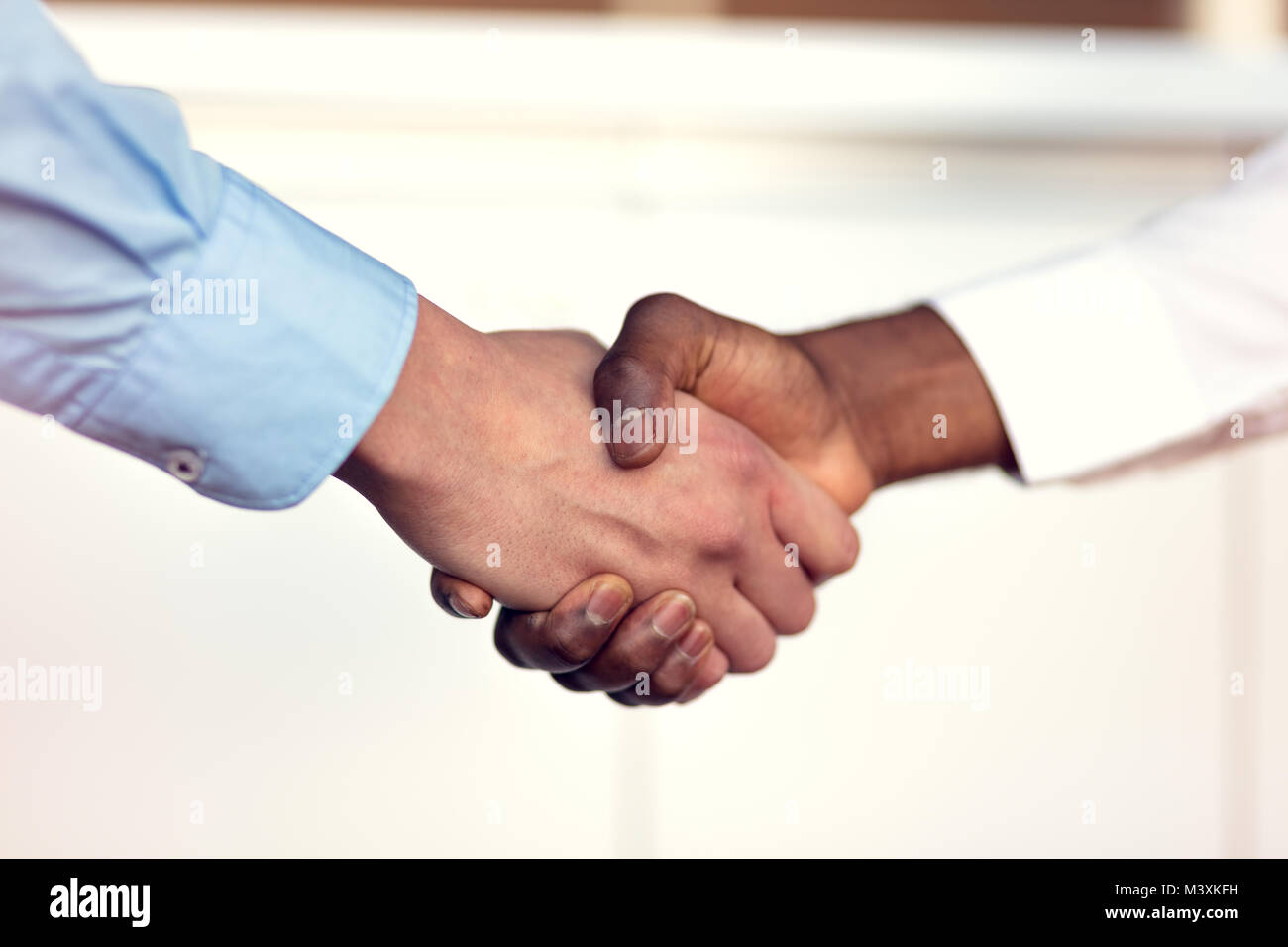 Primo piano del bianco e nero si stringono la mano su una trattativa Foto Stock