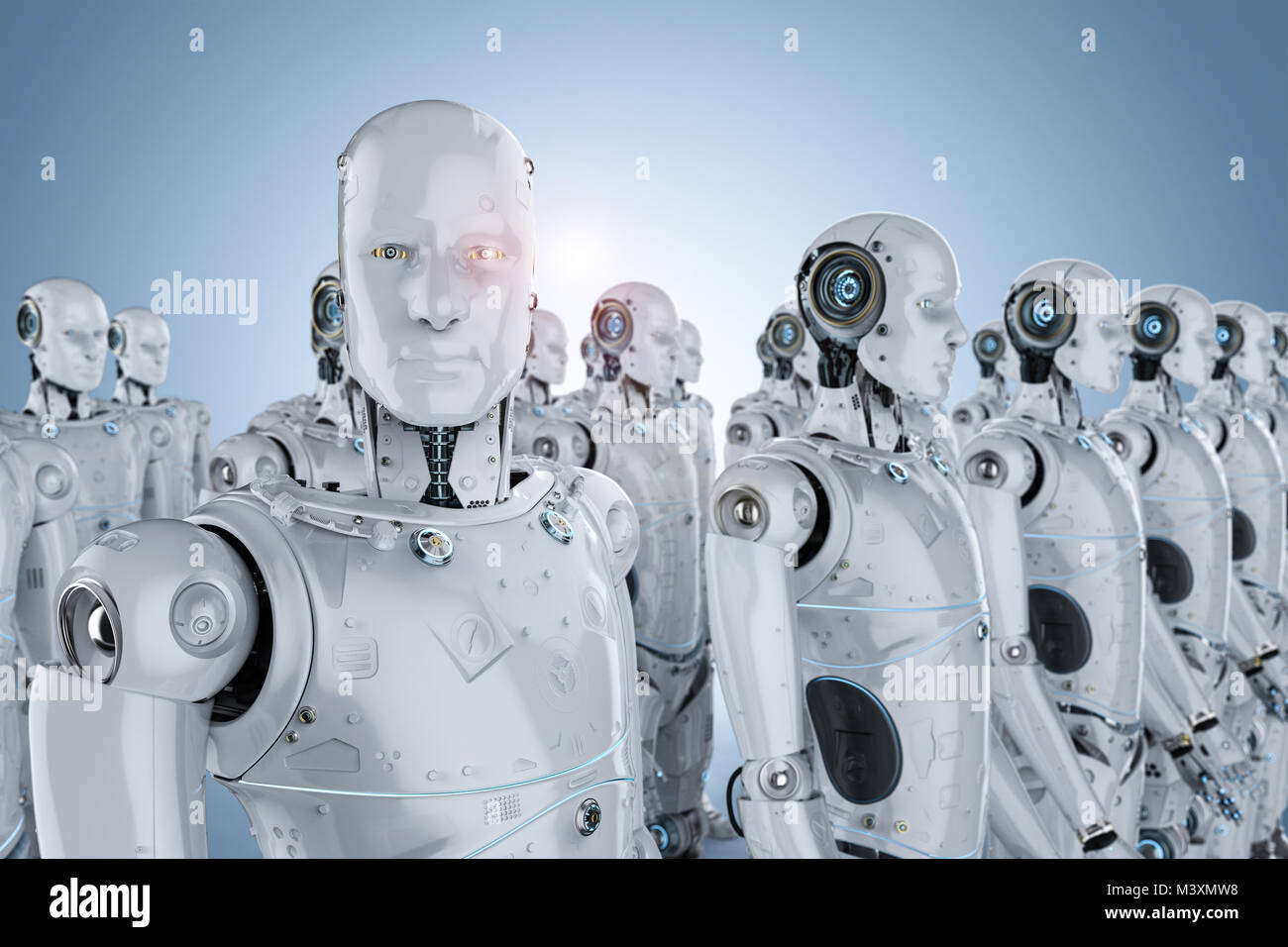 3D rendering gruppo di robot umanoidi in una riga Foto Stock
