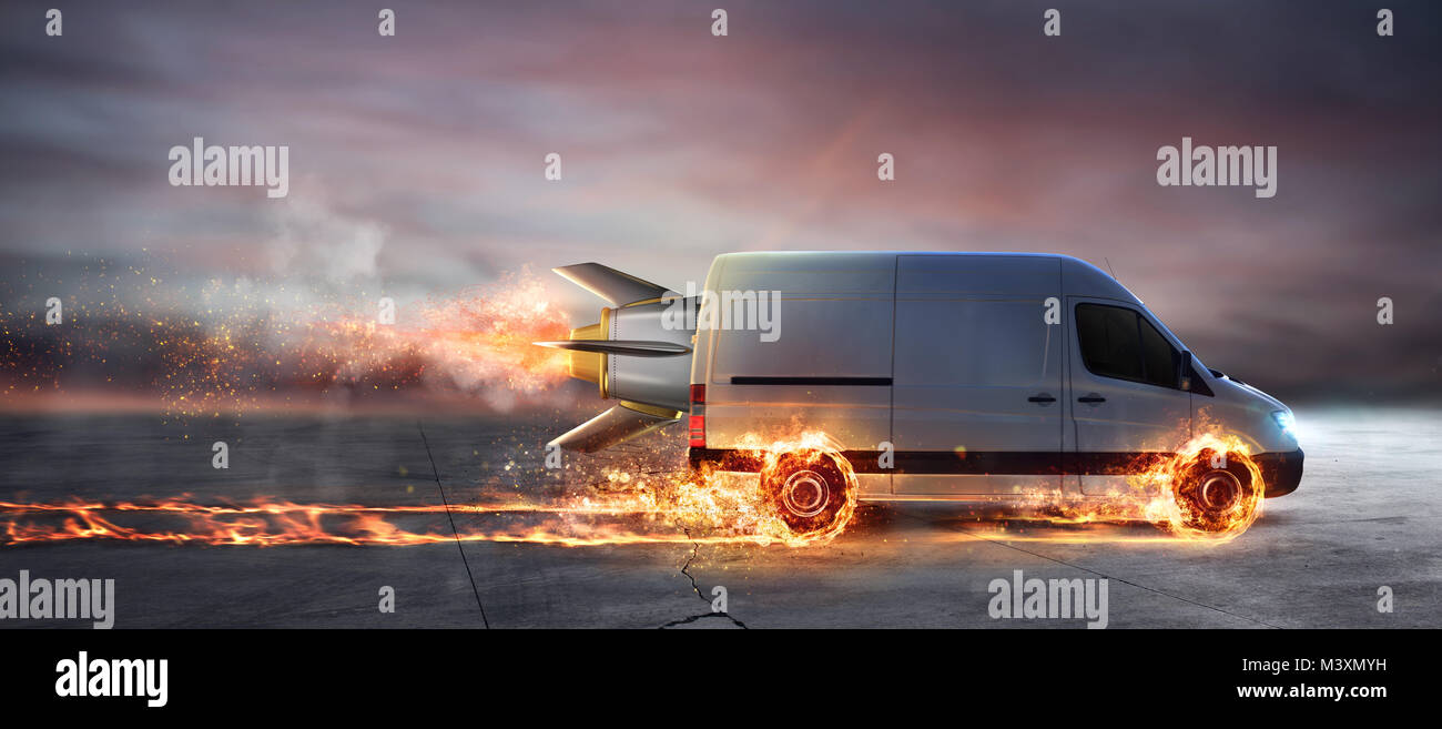 Super veloce di consegna del servizio di pacchetto con van con ruote di fuoco Foto Stock
