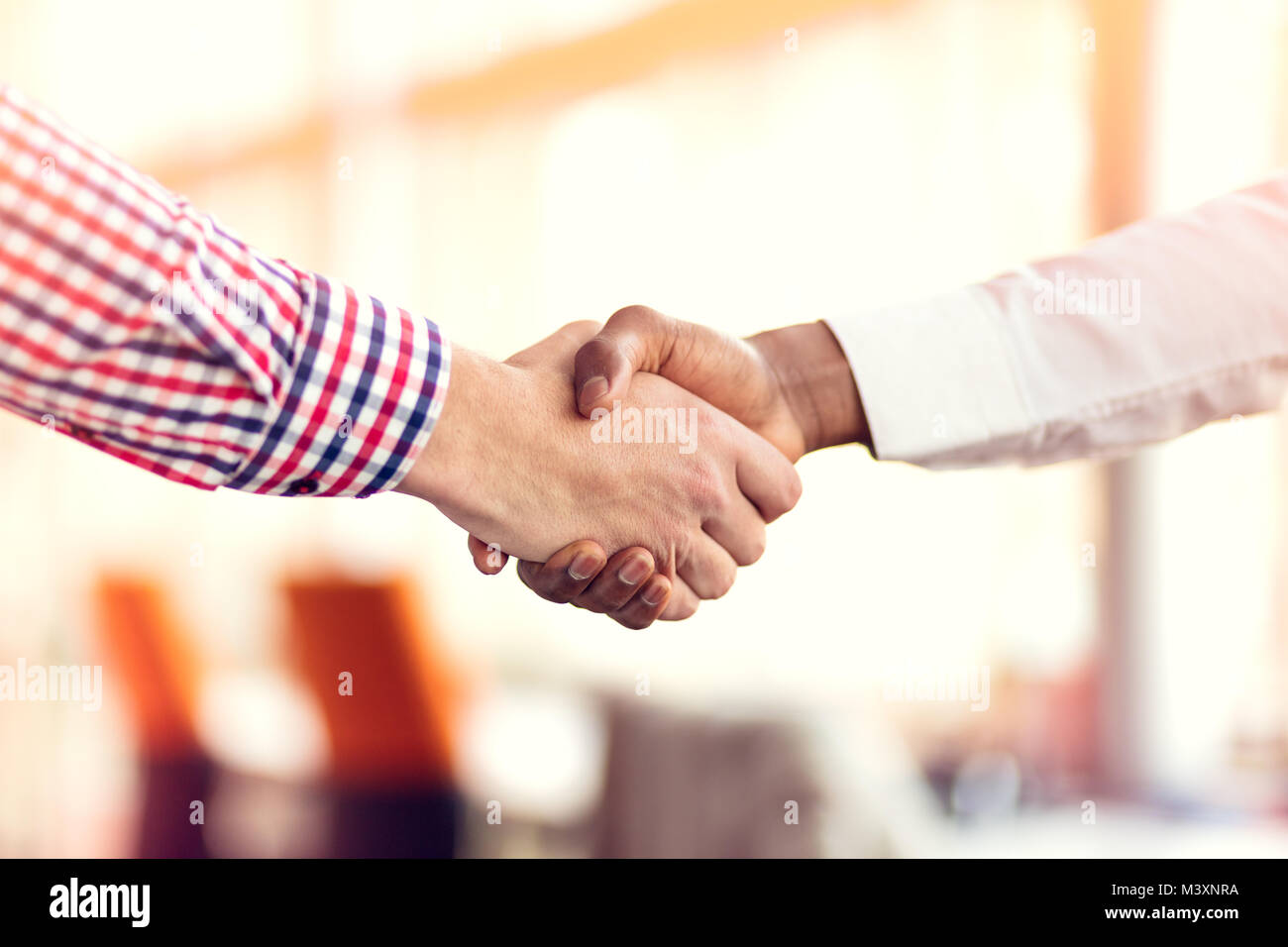 Primo piano del bianco e nero si stringono la mano su una trattativa Foto Stock