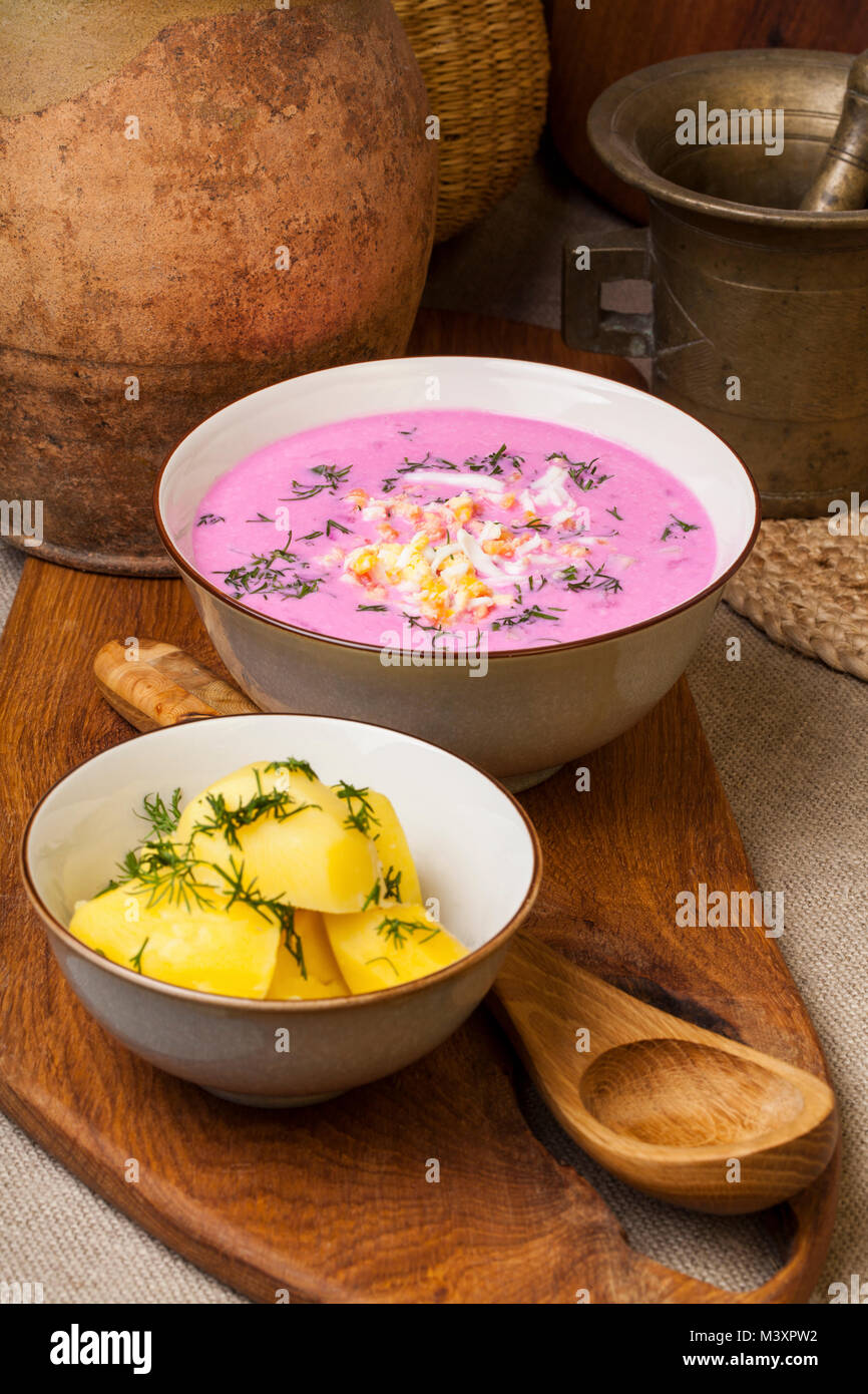 Tradizionale a freddo lituano barbabietole zuppa di rosa, preparato di cetriolo, beetrot, uova e panna acida, chiamato saltibarsciai Foto Stock