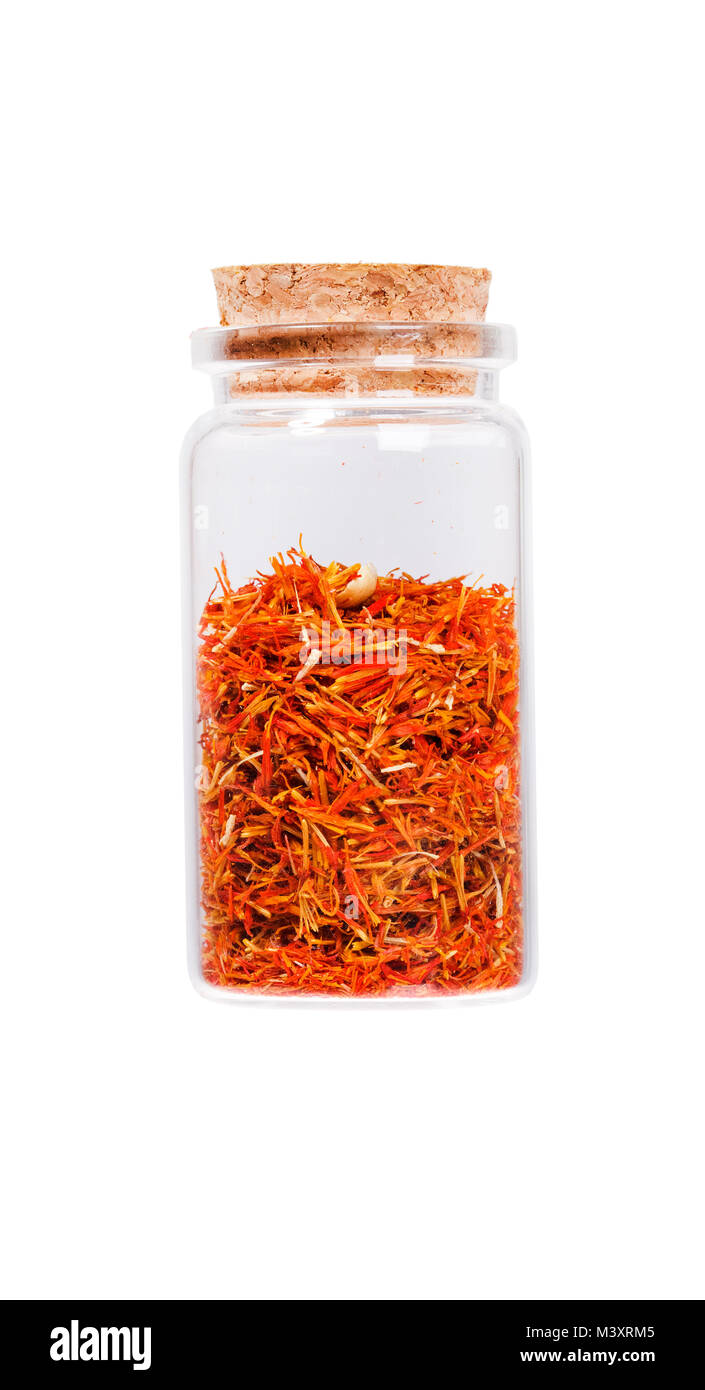 Lo zafferano stami in un flacone di vetro con tappo di sughero, isolata su Foto Stock