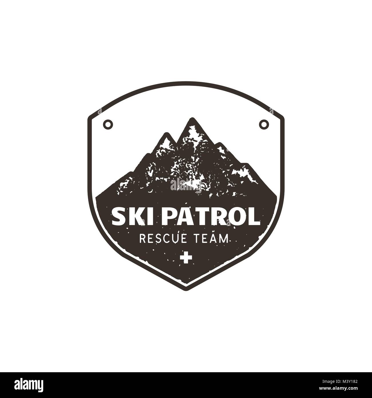 Vintage disegnati a mano mountain ski patrol emblema. Squadra di salvataggio patch. Le montagne del timbro. Monocromatico, grunge rilievografia effetto. Vettore di stock badge retrò illustrazione isolato su bianco Illustrazione Vettoriale