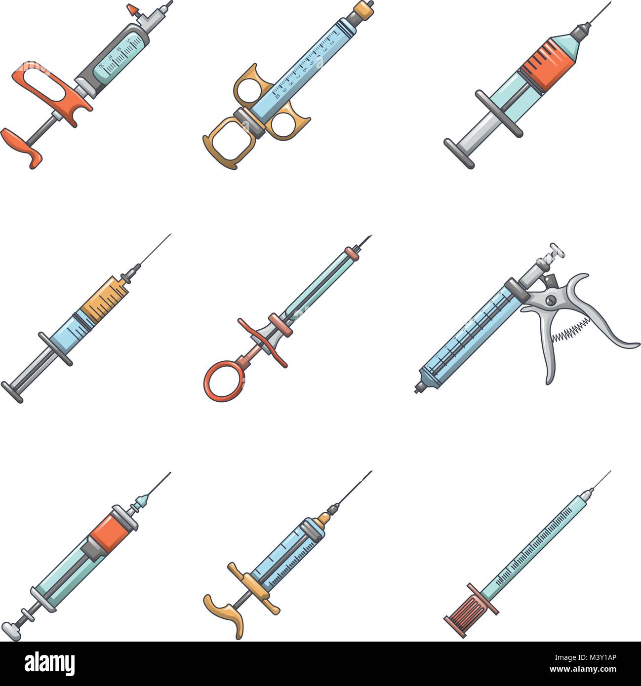 Siringa needleinjection set di icone, stile cartoon Illustrazione Vettoriale