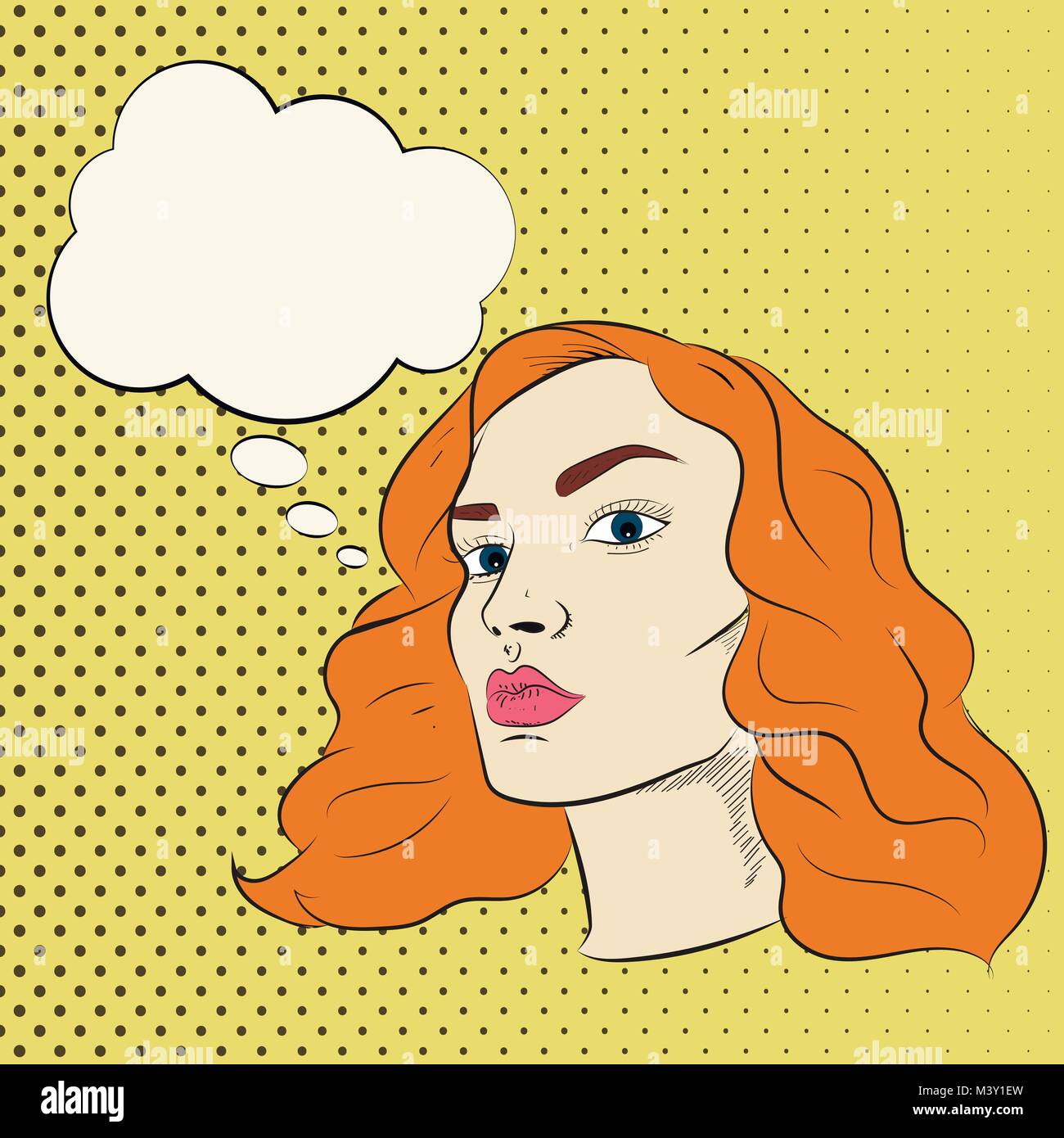 Bella Capelli rossi ragazza vettore illustrazione del fumetto in arte pop stile.. Una donna s faccia con discorso bolla sopra lo sfondo puntinato Illustrazione Vettoriale