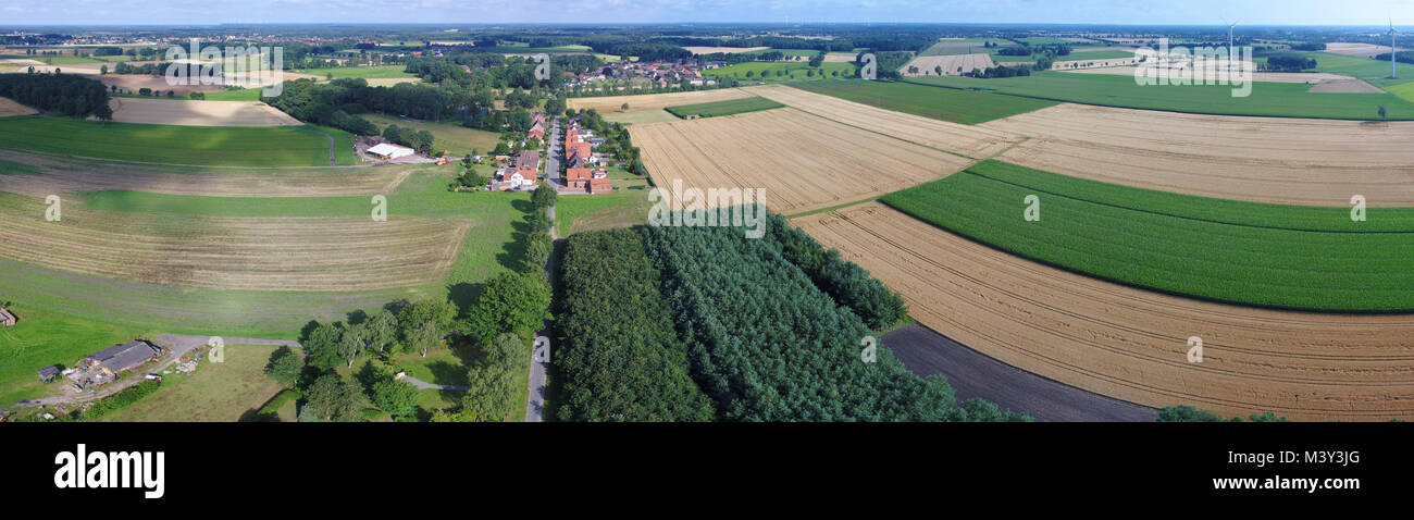 Vista aerea di campi, prati e boschi con una strada in mezzo e un piccolo villaggio in background, drone paesaggio Foto Stock