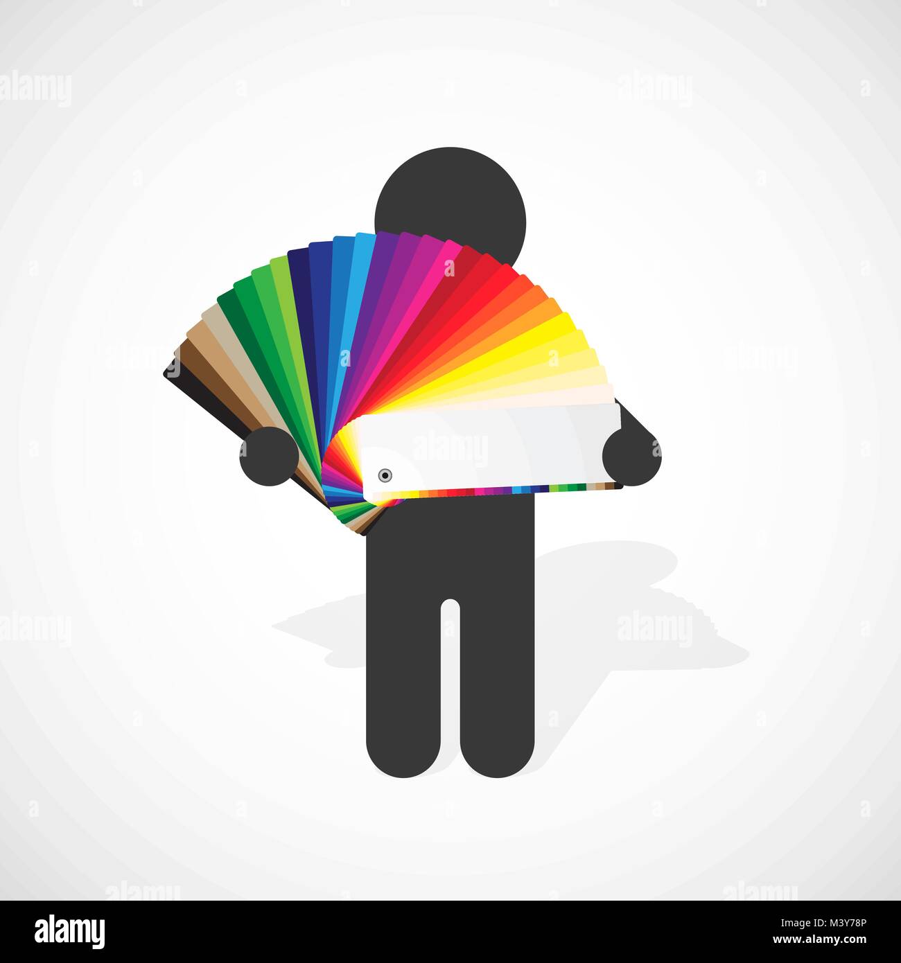 Silhouette nera di un uomo detiene sviluppato i campioni di colore tavolozza con colori brillanti Illustrazione Vettoriale