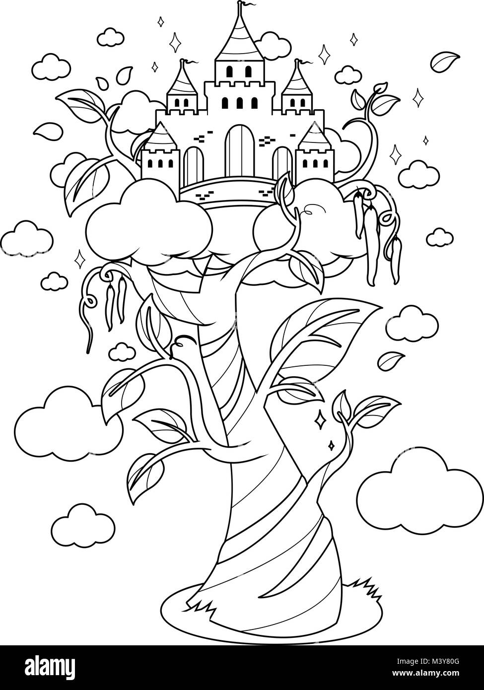 Jack e il beanstalk. Magica beanstalk e castello. Torretta tra le nuvole su una pianta magica di fagioli che cresce. Favola per bambini. Illustrazione Vettoriale