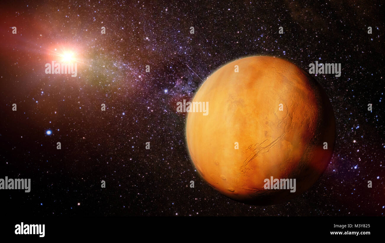 Il pianeta Marte con la tempesta di sabbia e nuvole, illuminato dal sole e le stelle (rendering 3d, gli elementi di questa immagine sono arredate dalla NASA) Foto Stock