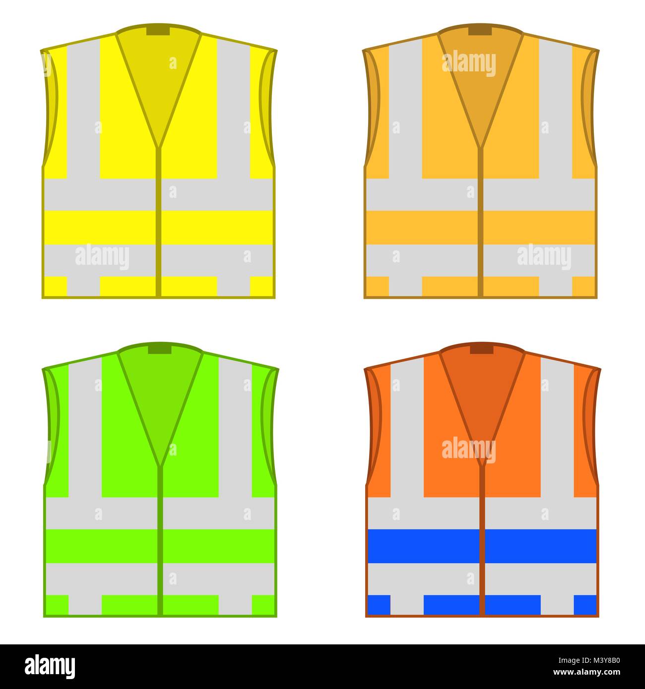 Colorato giubbotti di sicurezza. Indumenti da lavoro protettiva per il lavoro. Giubbotti di strada con strisce. Professionale di alta visibilità vestiti Illustrazione Vettoriale