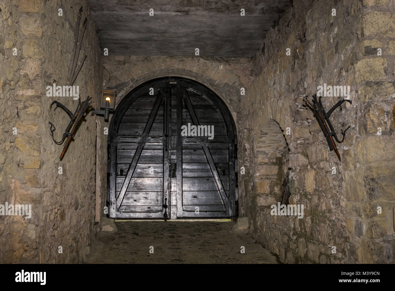 Porta medievale con tunnel in castello Foto Stock