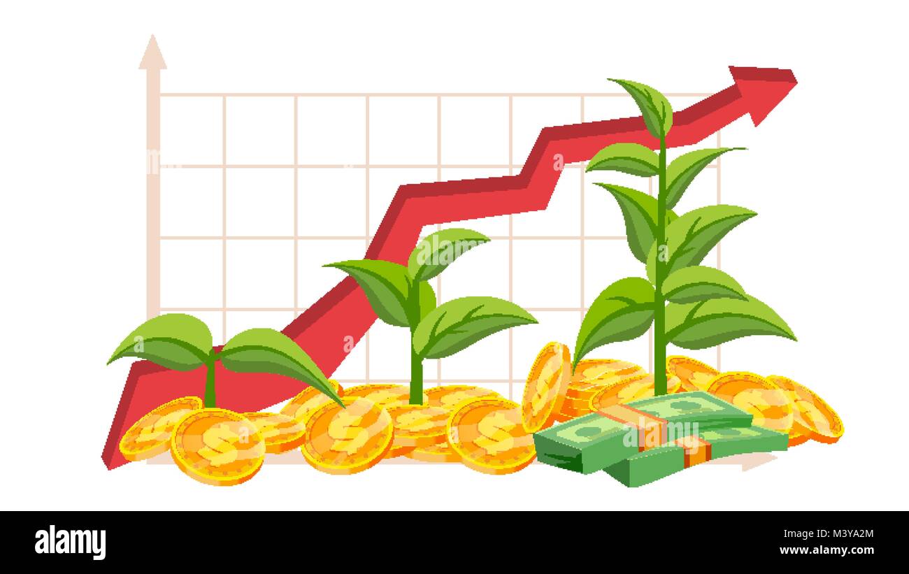 Avvio il concetto di crescita vettore. Albero che cresce su un monete d'oro. Grafico di crescita. Il successo di raggiungere lo scopo. Pianta verde. Analisi degli investimenti. Relazione finanziaria Illustrazione Vettoriale