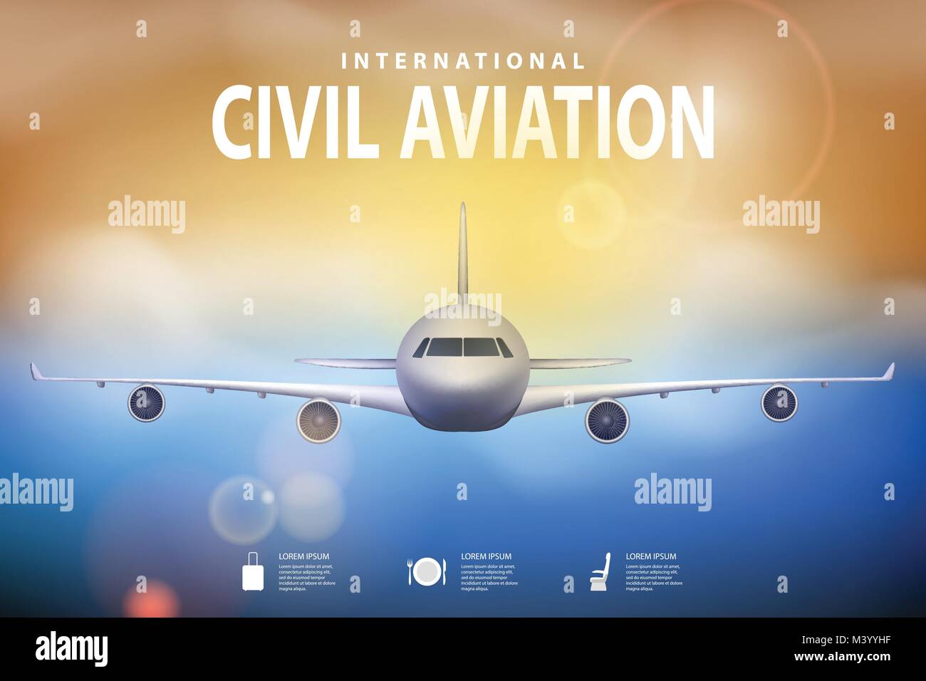 Estate illustrazione di viaggio in aereo sulla soleggiata blu sullo sfondo. Brochure in tema di turismo. Agenzia di viaggio aereo pubblicità poster design. Vettore Illustrazione Vettoriale