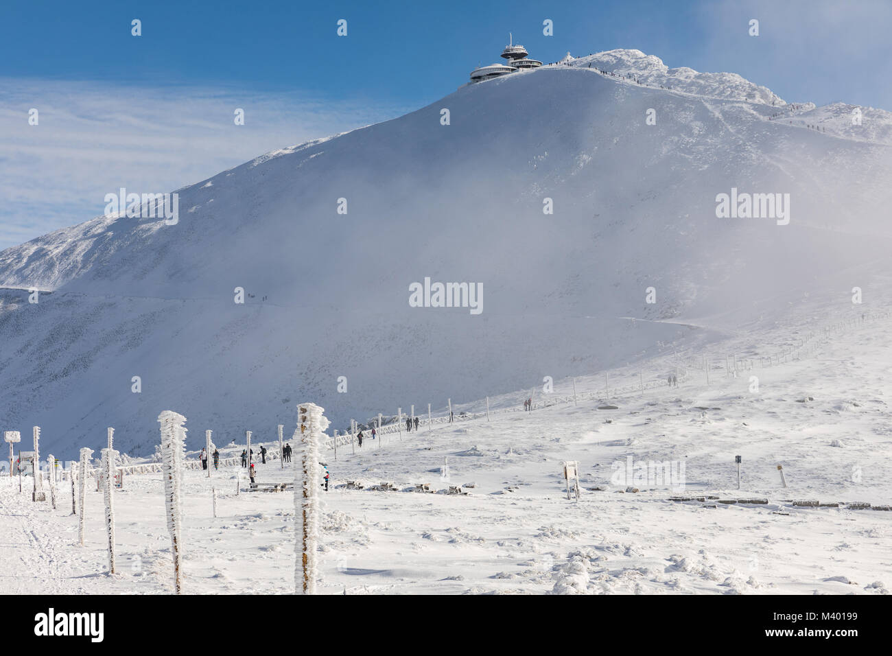 In inverno le creste delle montagne di Krkonose, sullo sfondo del monte Snezka, la montagna più alta della Repubblica ceca. Alberi coperti di brina Foto Stock