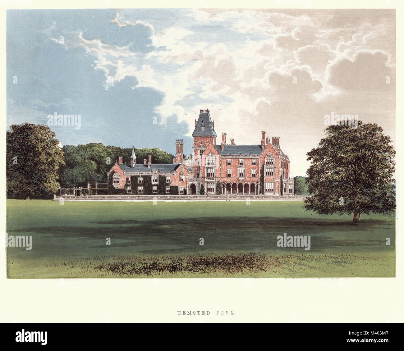 Vintage incisione di Hemsted Park, storicamente talvolta noto come Hempsted Park, un country estate e Manor House a nord-ovest del villaggio di Benend Foto Stock