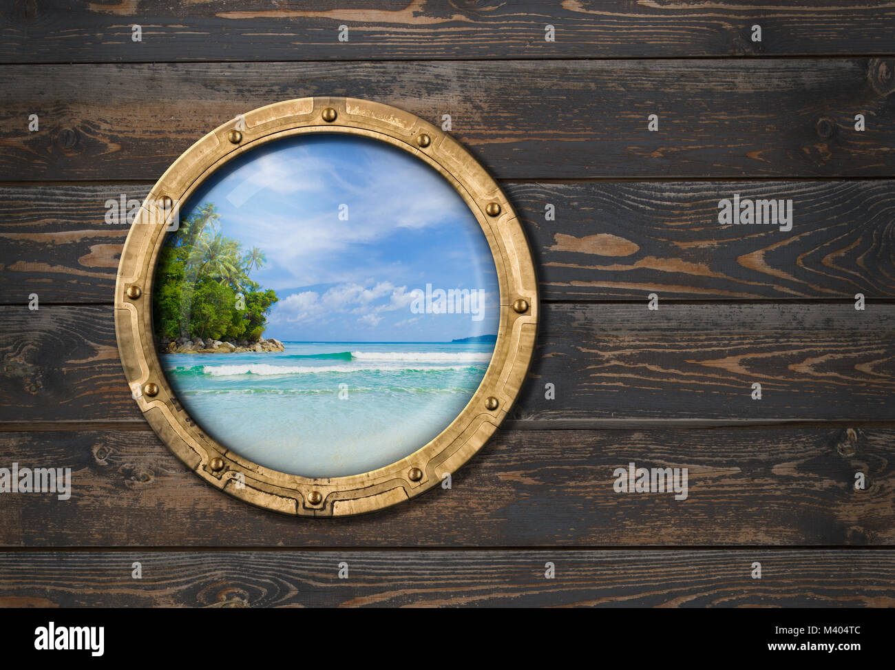 Nave o imbarcazione oblò sulla parete in legno 3d illustrazione Foto Stock