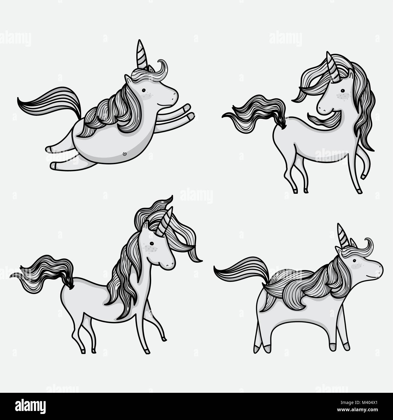 Magic unicorns doodle icone Illustrazione Vettoriale