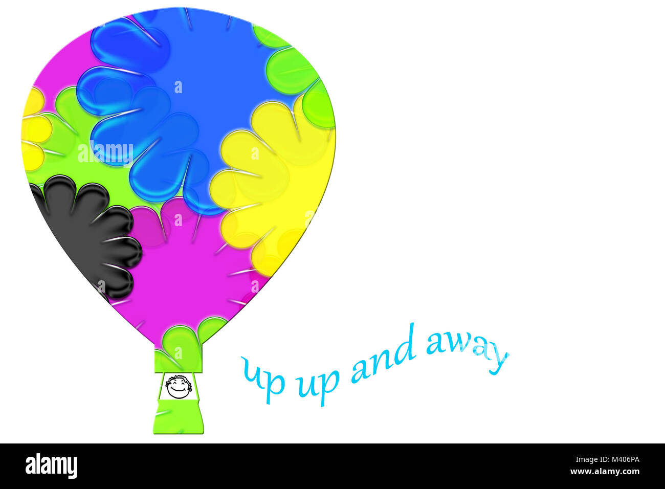 Balloon ride abstract isolato su uno sfondo bianco. Happy cartoon childs faccia nel cestello a palloncino. Whimsical e fiori colorati pattern sul palloncino Foto Stock