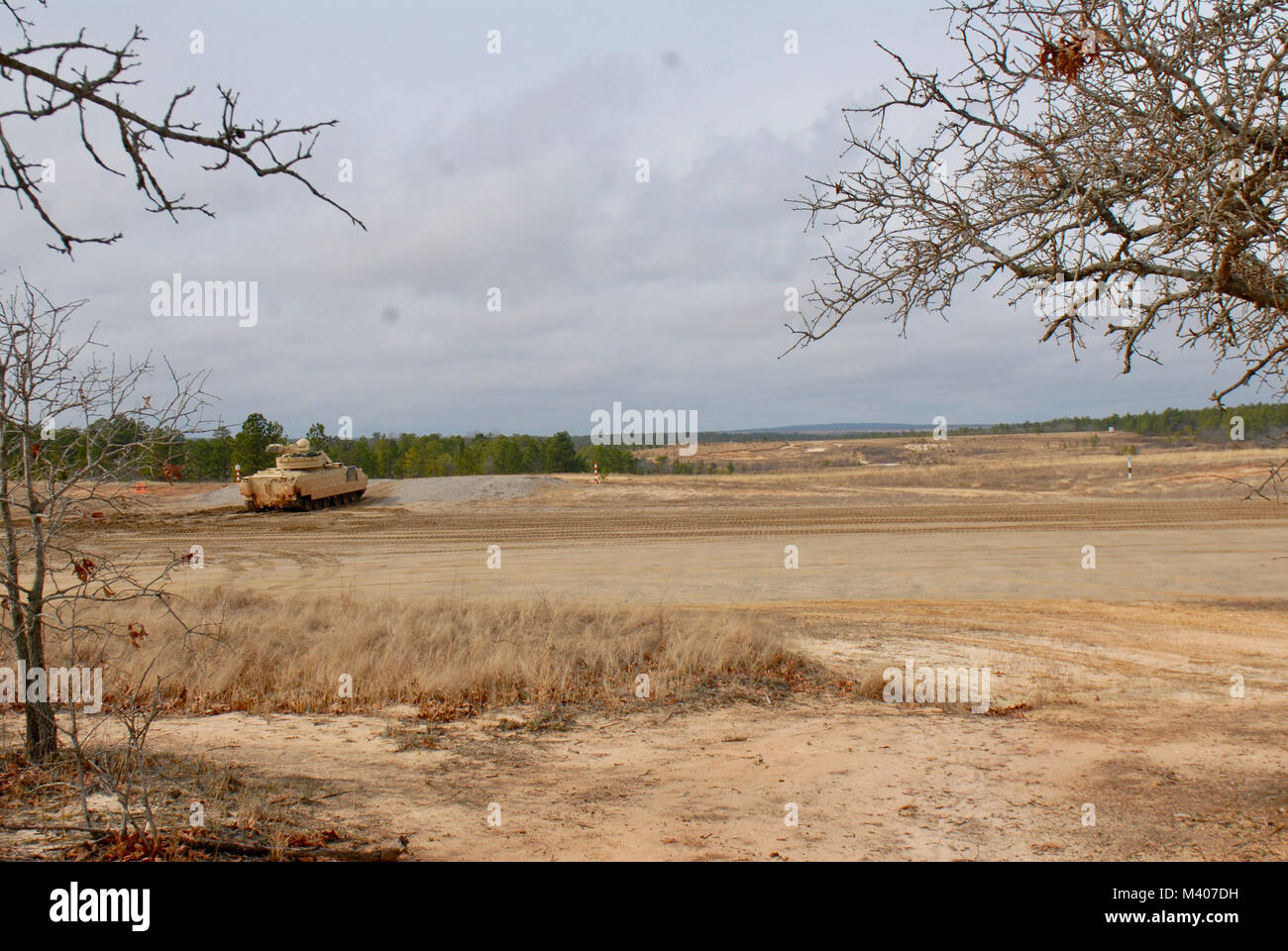 I soldati della Carolina del Nord la Guardia Nazionale, 1-252nd Armor reggimento trentesimo Armored Brigade Combat Team, condurre un combattimento simulato esercizio durante il combattimento Bradley veicolo della formazione a Fort Bragg, N.C., nel febbraio 10, 2018. (U.S. Esercito foto di Sgt. Motivo Forsyth) Foto Stock