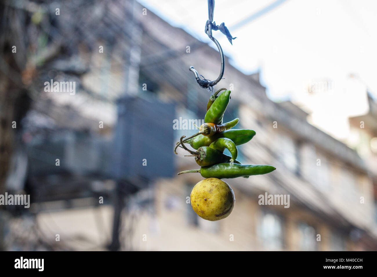 Nazar battu - tradizionale amuleto nepalese, peperoncino peperoni e un lime appeso davanti a una casa, protezione contro il malocchio. Kathmandu, Nepal Foto Stock Nazar battu - tradizionale amuleto nepalese, peperoncino peperoni e un lime appeso davanti a una casa, protezione contro il malocchio. Kathmandu, Nepal Foto Stock