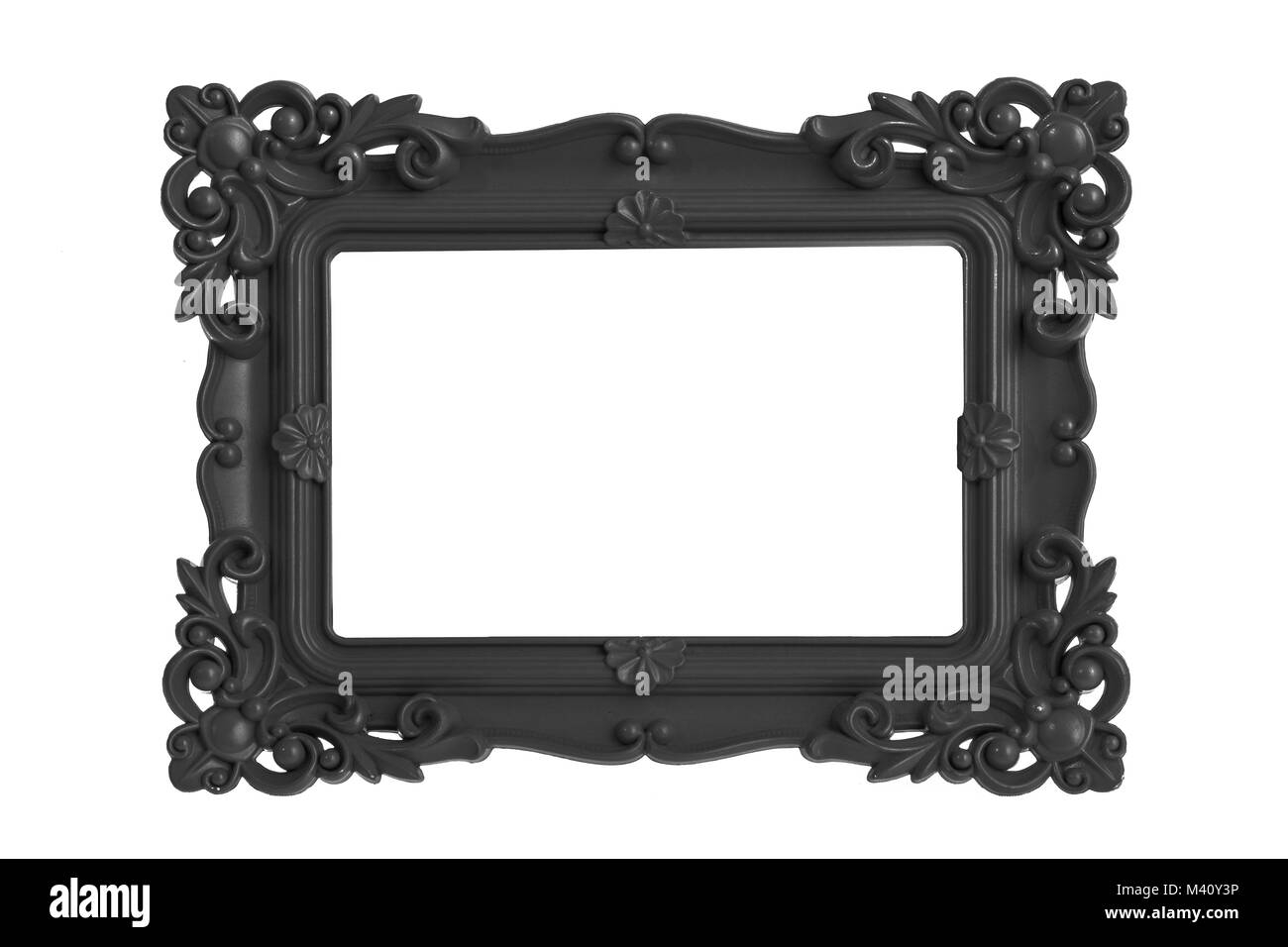Plastica moderna luminosa cornice nera con lo stile antico isolato su sfondo bianco. Foto Stock