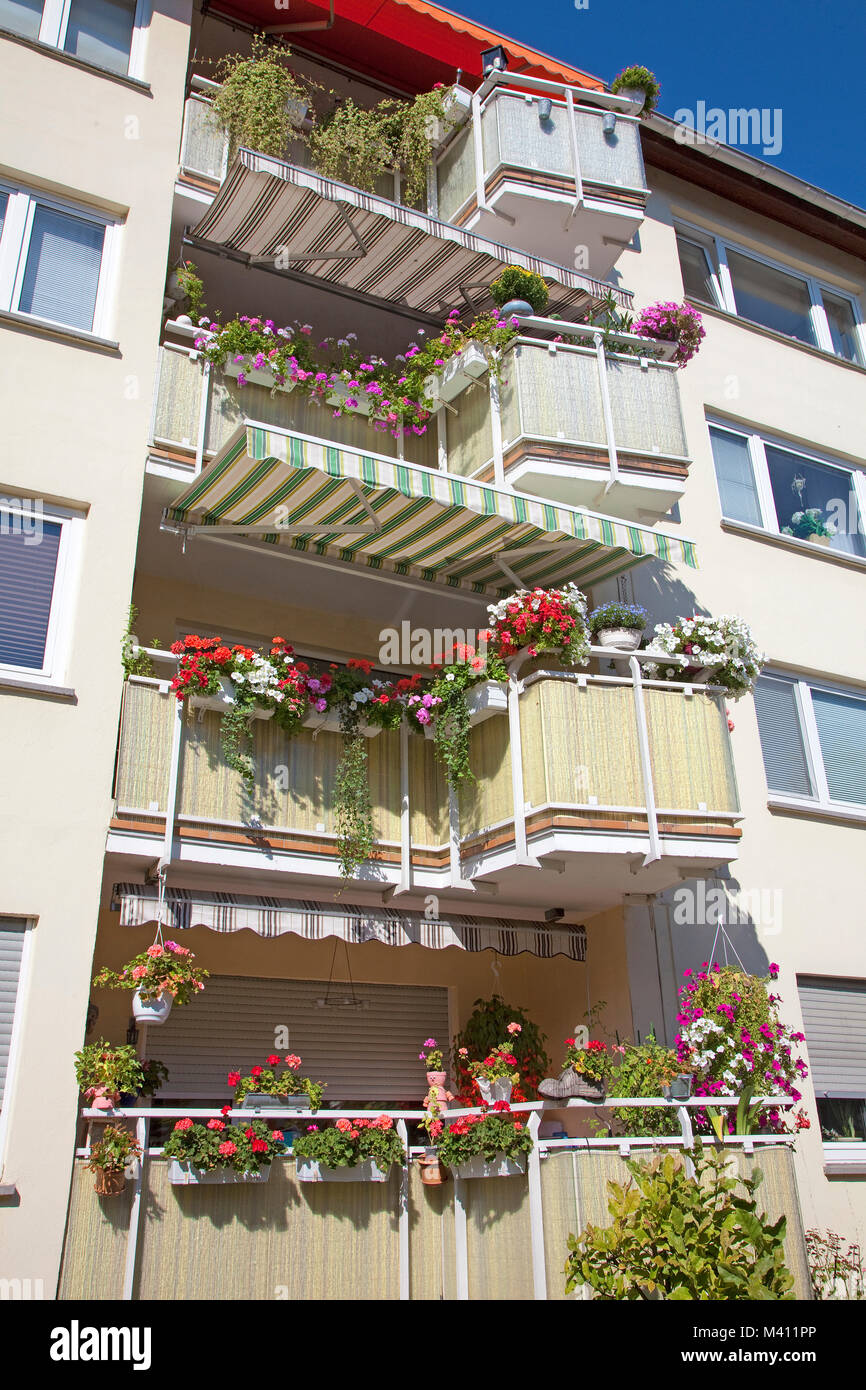 Edificio di appartamenti con balconi, fioriere con geranio, centro di Coblenz, Renania-Palatinato, Germania, Europa Foto Stock