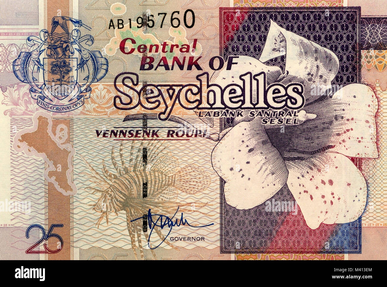 Seychelles Venticinque 25 rupie nota banca Foto Stock