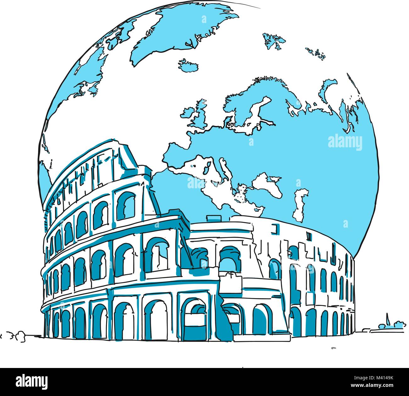 Il Colosseo e la messa a terra. Il Concept Design. Viaggio su strada. Schizzo del turismo con il concetto di punto di riferimento. Viaggiare illustrazione vettoriale. Disegnate a mano illustrazione moderna. Illustrazione Vettoriale