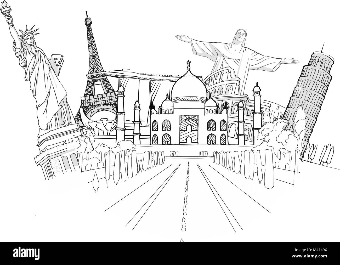 Viaggiare per il mondo Sketch. Viaggio su strada. Turismo schizzo concetto con punti di riferimento. Viaggiare illustrazione vettoriale. Disegnate a mano illustrazione moderna. Illustrazione Vettoriale