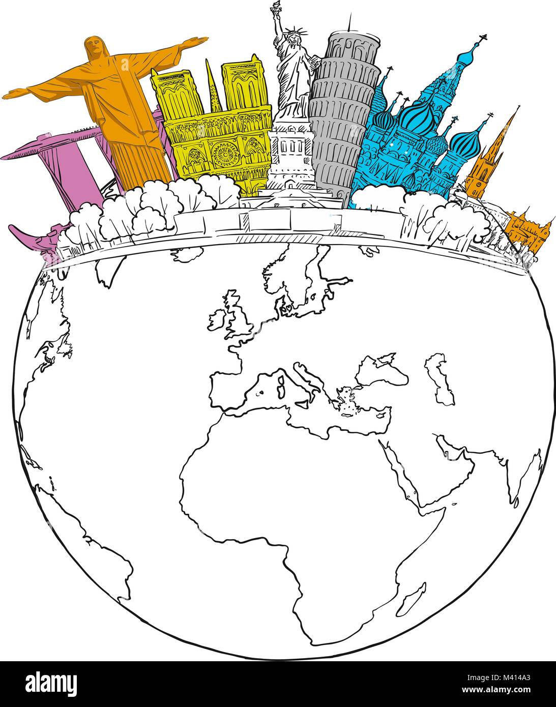 Viaggiare a punti di riferimento mondiale sul globo terrestre. Turismo schizzo concetto con abbozzato globo terrestre. Viaggiare illustrazione vettoriale. Disegnate a mano disegno moderno. Illustrazione Vettoriale