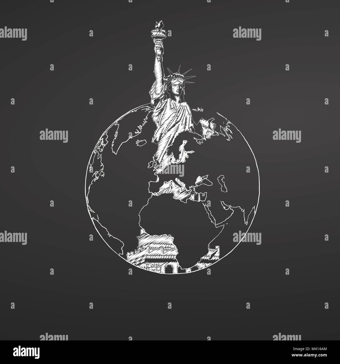 Statua della Libertà e il Globe sulla lavagna. Turismo schizzo concetto con  punti di riferimento. Viaggiare illustrazione vettoriale. Disegnate a mano  design moderno Immagine e Vettoriale - Alamy