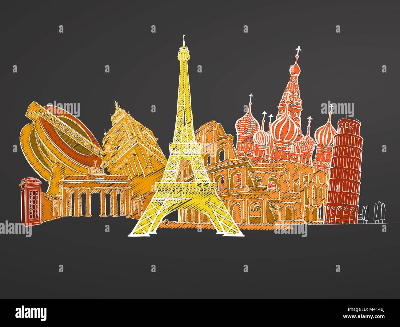 Viaggiare in Europa. Schizzi sulla lavagna. Il concetto di turismo con punti di riferimento. Viaggiare illustrazione vettoriale. Disegnate a mano design moderno. Illustrazione Vettoriale