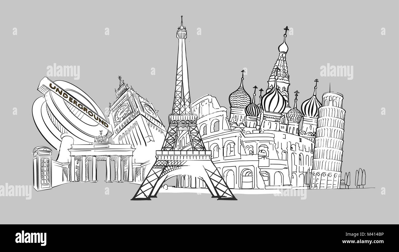 Viaggiare in Europa. Disegnate a mano Collezione. Turismo schizzo concetto con punti di riferimento. Moderno vettore di viaggio design. Illustrazione Vettoriale