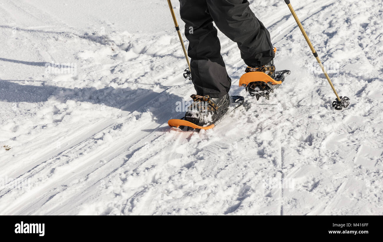 Uomo di colore arancione con le racchette da neve sul percorso di neve. Uomo in racchette da neve con bastoncini da trekking è la neve in montagna. Escursioni con le racchette da neve è più versatile e più alto-p Foto Stock