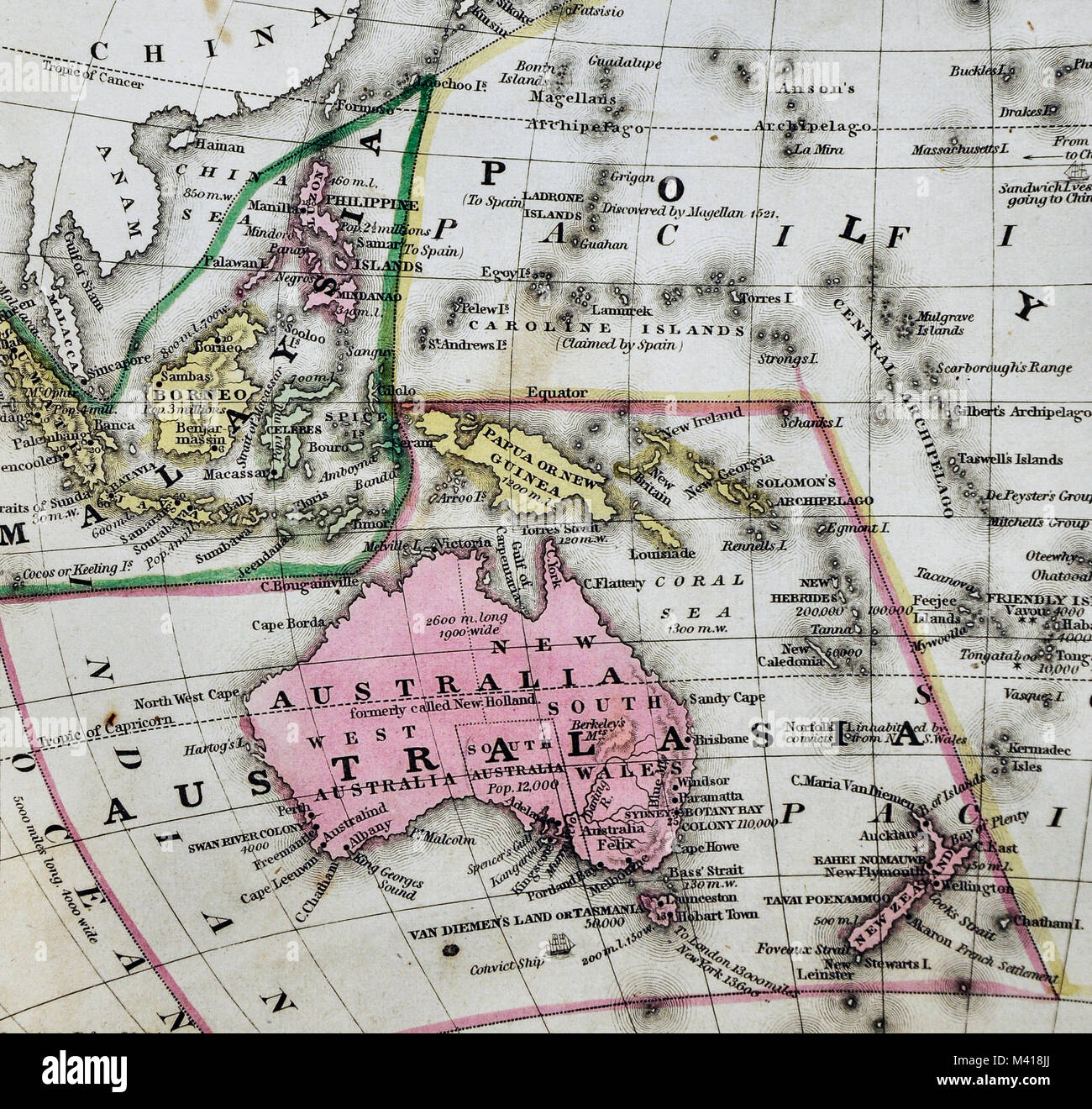 1839 Mitchell mappa - Oceania - Australia Nuova Zelanda Sud Pacifico Indie Orientali Hawaii Tahiti la Polinesia Foto Stock