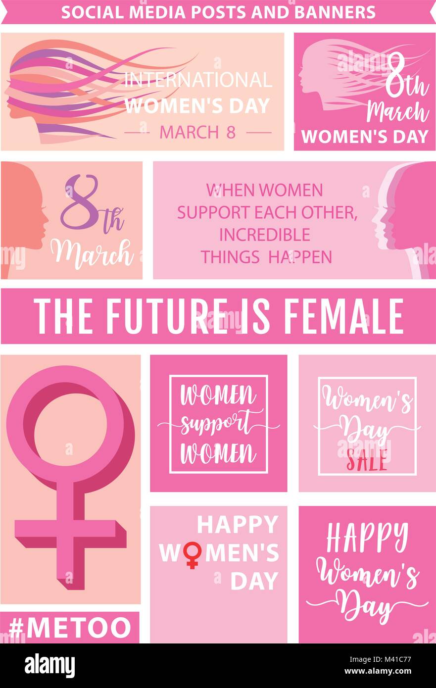 Giornata della donna sociale posti meadia, intestazioni e banner, instagram modelli di sfondo, set di vettore di elementi di design grafico Illustrazione Vettoriale