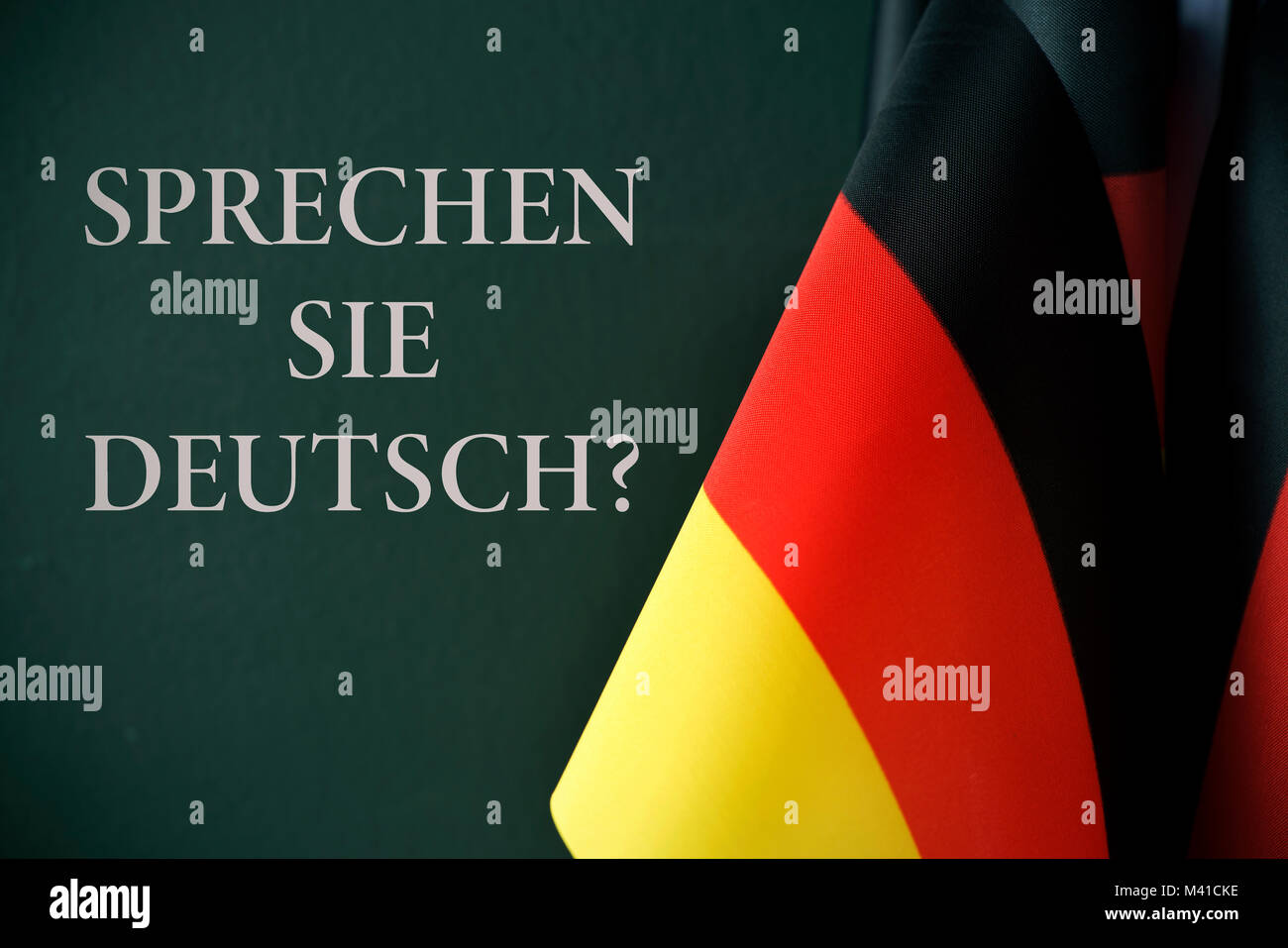 Alcune bandiere della Germania e la questione sprechen sie deutsch?, si parlano tedesco? Scritto in tedesco, contro uno sfondo verde scuro Foto Stock
