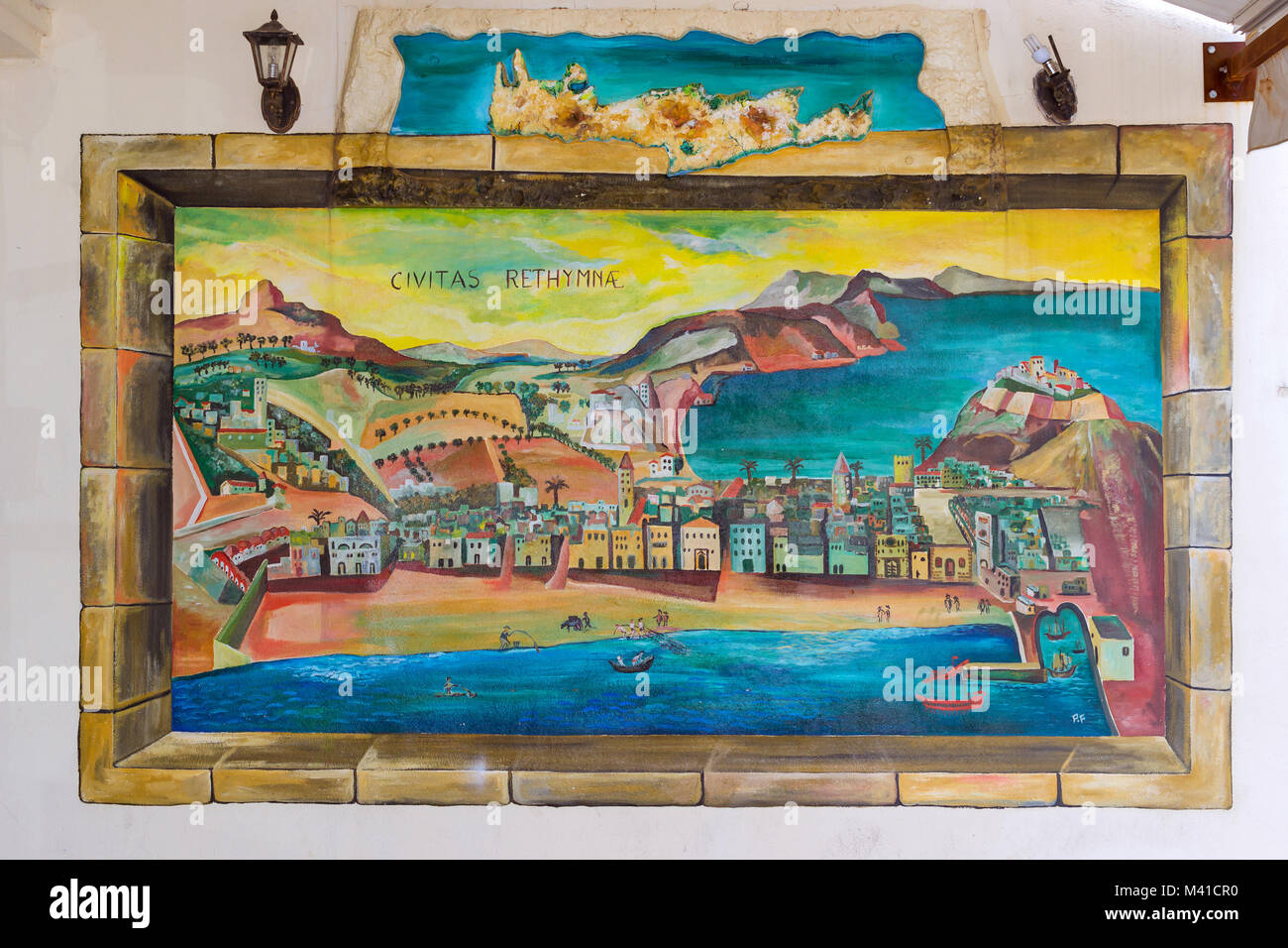 Rethymno, Grecia - 3 Maggio 2016: Street immagine sul muro della casa con immagini del paesaggio cretese in Grecia. Arte di strada su itinerari turistici della città di villeggiatura Foto Stock