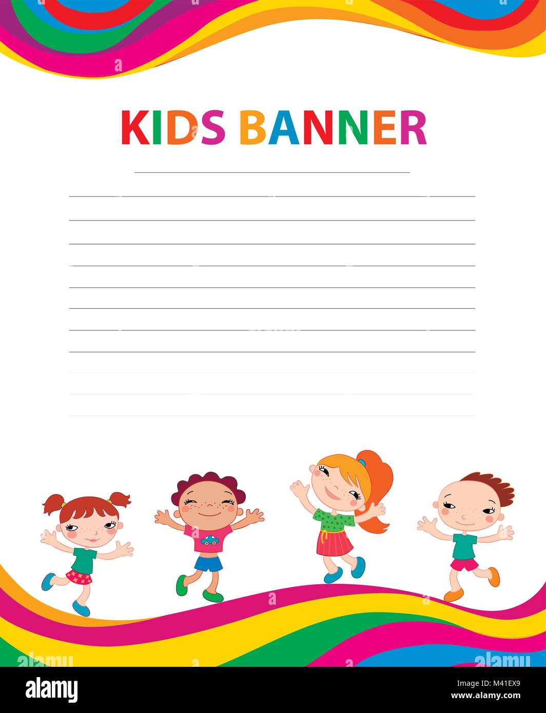Bambini allegri corrono sul banner template vettoriale backround colorati Illustrazione Vettoriale